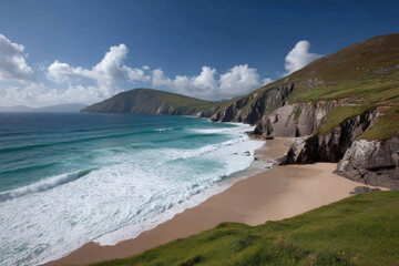 lush summer landscapes showcasing rugged cliffs of ireland with pristine beaches and clear blue skies