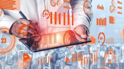 A business analyst uses a digital tablet to examine data and graphs, with futuristic visualizations overlaying a vibrant cityscape, showcasing modern analysis techniques. Xenic - Powered by Adobe
