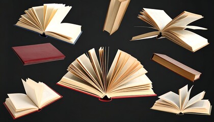 Multiple open and closed books float against a dark background