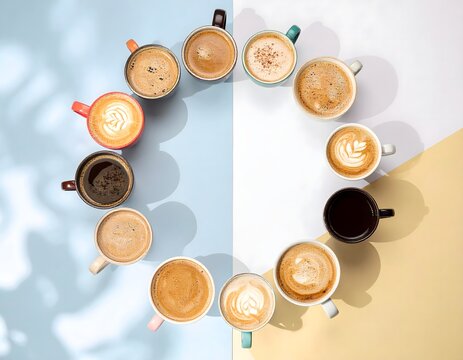 Circle of Coffee Mugs Featuring Various Types of Coffee Arrangements on a Colorful Background