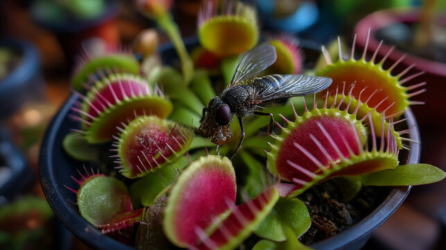  Vector hungry  carnivorous plant in pot. Happy Halloween. Venus fly trap catches a fly. Vector illustration