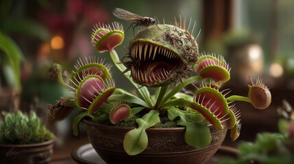  Vector hungry  carnivorous plant in pot. Happy Halloween. Venus fly trap catches a fly. Vector illustration