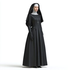Naklejka premium Portrait of Nun in Black Habit Against White Background