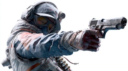Snow Covered Soldier Aiming Handgun in Winter