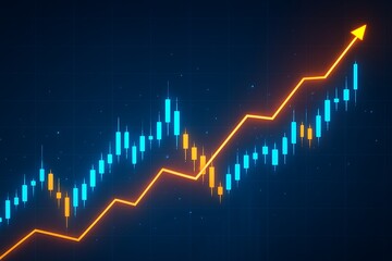 Financial candlestick chart with glowing orange arrow showing upward trend, symbolizing growth, trading, and investment success