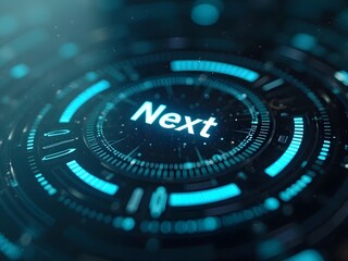 Futuristic blue circular interface displays the word Next, horizontal composition. A vibrant technological design showcases glowing elements and a compelling composition.