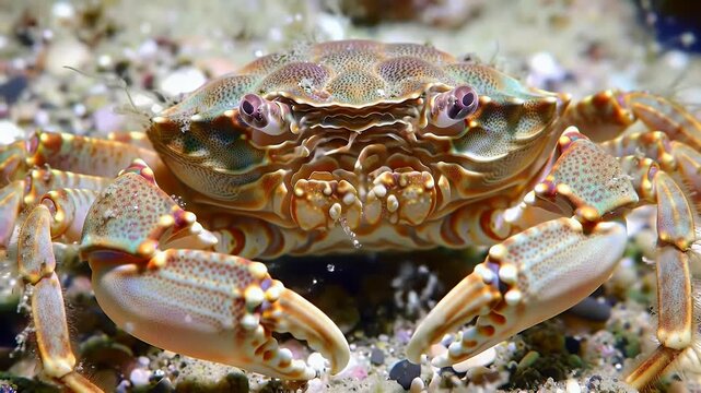Close-up of a patterned marine crab on a sandy seabed, showcasing its detailed shell and powerful claws underwater