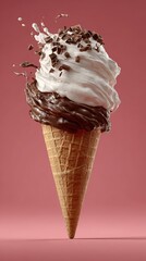 Ice cream cone with chocolate and whipped cream splashing on pink background
