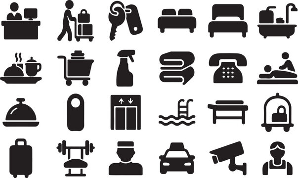 Set of Hotel Service Silhouettes Bellhop, Room Service, Concierge, Luggage & Hospitality Icons