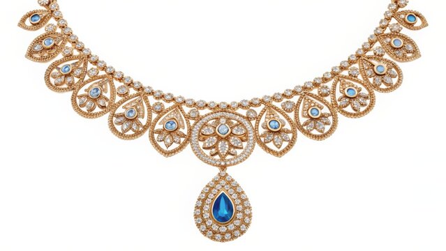 Elegant Gold Necklace with Blue Gemstones and Diamond Accents isolated on White Background - Powered by Adobe