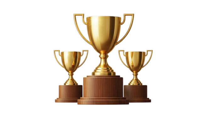 Photo of three golden trophies on stands isolated on transparent background representing success