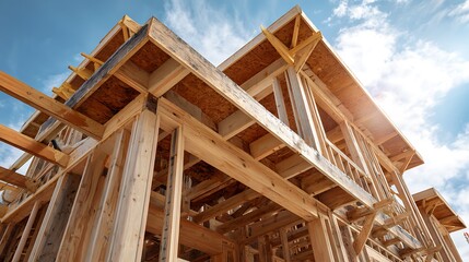 Obraz premium Framing a New House Construction with Wooden Frame and Blue Sky