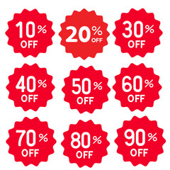 of Red Percentage Discount Stickers for Retail and Online Promotions,10%,20%,30%,40%,50%,60%,70%,80%,90%