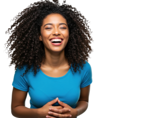 Young mixed-race woman with dark curly hair laughing joyfully, hands on stomach, looking at camera on transparent studio background with copy space, authentic happiness and positivity
