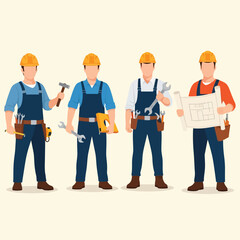 Fototapeta premium Four construction workers in overalls and hard hats holding tools and blueprints, ready for work.