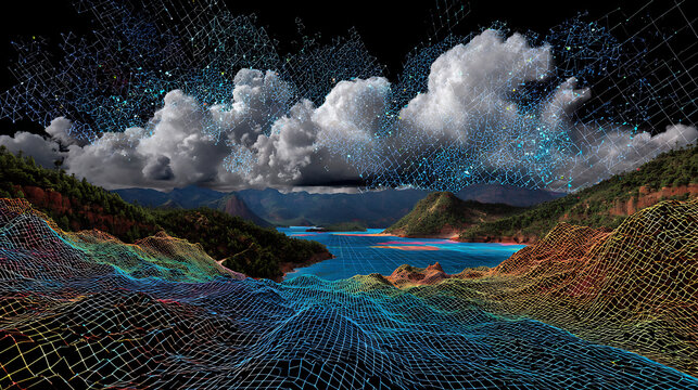Data - Visualizing AI Creating Surreal Landscapes of Flowing Information and Encrypted Code Mountains for Tech Background