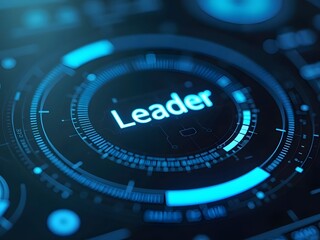 Abstract blue glowing Leader text on a futuristic circular interface, horizontal composition. This vibrant technological design features concentric rings and a captivating color palette.