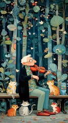 Dreamy realism painting of elderly man playing violin on park bench, surrounded by attentive cats, golden afternoon light, drifting petals, warm peaceful mood, detailed brushstrokes