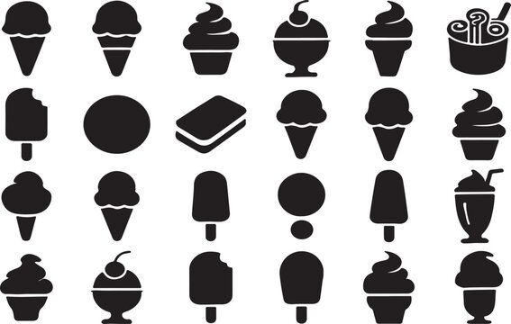 Set of Ice Cream Silhouettes Cones, Popsicles, Sundaes & Frozen Treat Icons 