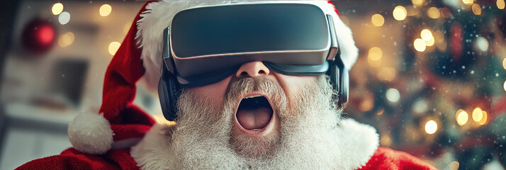 An elderly Caucasian man with a long white beard wears a Santa hat and a virtual reality headset. He appears excited, surrounded by Christmas decorations.