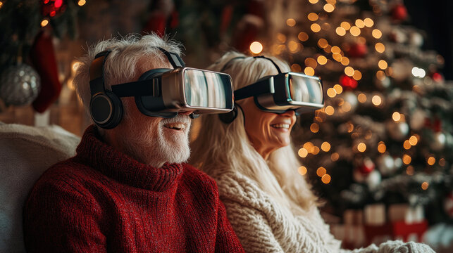Elderly couple wearing VR headsets and experiencing virtual reality while sitting near a decorated Christmas tree, enjoying festive technology and holiday cheer - Powered by Adobe