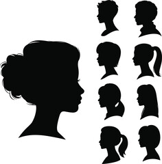 Silhouette set of different hairstyles in profile view, featuring various haircuts and styles including ponytails, buns, and short haircuts