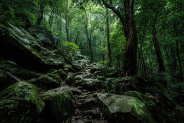 Lush, mossy path winding through a dense, verdant forest