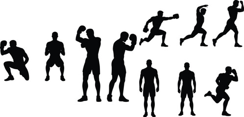 Silhouette series of a boxer performing various boxing exercises, punches, and movements, including running, training, and action poses for fitness and strength