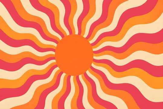 Vibrant retro sunburst pattern with wavy lines in warm colors of orange pink and yellow creating a psychedelic groovy vintage aesthetic