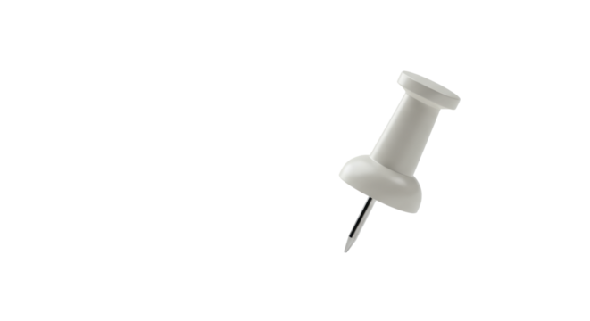 A single, modern, minimalist pushpin with a neutral head and silver pin, angled on a pristine transparent studio background with negative space. Concept of precision and key idea for corporate