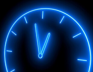 Neon blue clock face, hour and minute hands at twelve