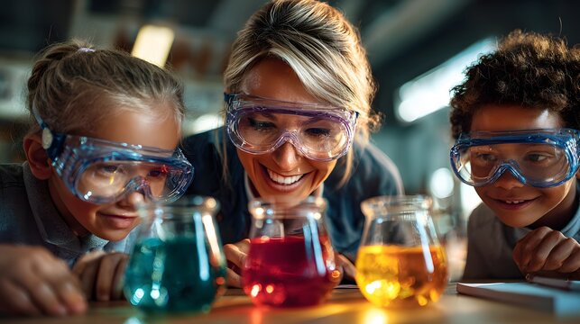 Students with Teacher Exploring Chemistry Using Beakers and Goggles perfect for STEM curriculum visuals, science education promotions, classroom safety campaigns and hands-on learning brochures