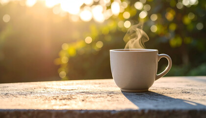Steaming Coffee Mug in Golden Morning Light: A Tranquil Start to the Day (Stock Photo)