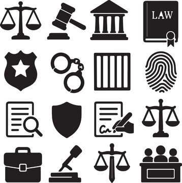Silhouettes of law and justice icons set