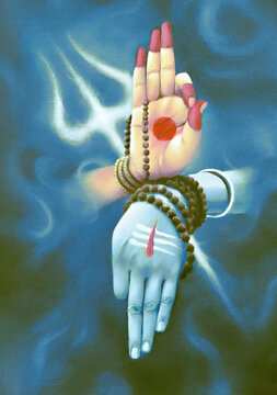 Divine Hands of Lord Shiva and Goddess Parvati with Trident and Rudraksha Beads , Spiritual Art Representation