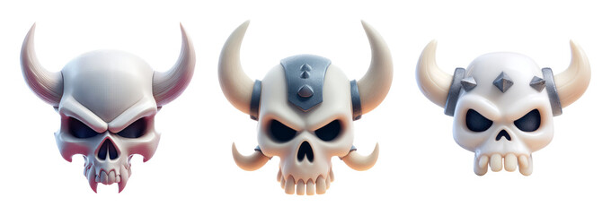 Fototapeta premium Three Unique Cartoon Skulls with Horns on Transparent Background