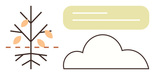 Leafless tree with falling leaves next to a text bubble and cloud outline. Ideal for ecology, nature, communication, minimalism, climate change, seasonal transitions, education. Simple flat metaphor