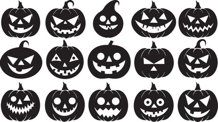 Collection of Halloween Pumpkin Silhouettes with Various Carved Faces and Expressions