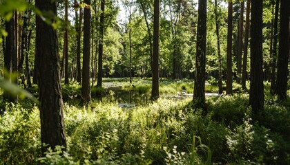Obraz premium Lush forest with a still pond