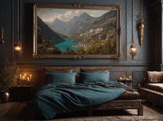 Dark, opulent bedroom with mountain landscape