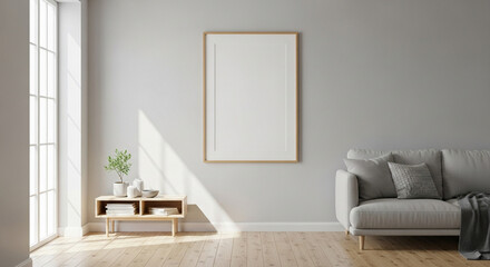 Fototapeta premium An interior scene showcases a minimalist living space with a large window, a neutral-toned sofa, and a framed artwork, creating a serene and inviting atmosphere.