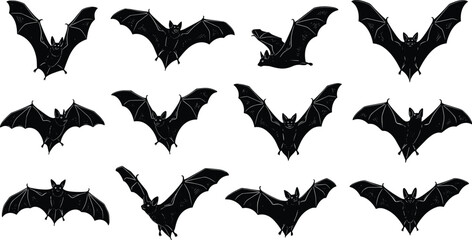 Bat silhouette collection, flying bat poses, wing shapes, black vector design, nocturnal animal, spooky theme, Halloween art, wildlife illustration