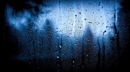 Rain-streaked window, dark blue tones