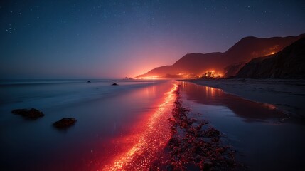 Orange glow lights up the beach at night as lava flows into the ocean near a coastal landscape