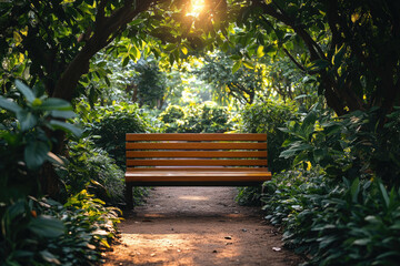 Obraz premium Peaceful Wooden Bench Framed by Dense Leafy Trees