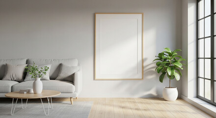 A bright and airy living space showcases a modern sofa adorned with decorative pillows, complemented by a minimalist coffee table and a framed artwork, creating a serene atmosphere.
