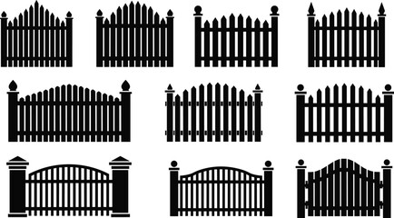 Fence silhouettes, decorative fence styles, pointed tops, rounded tops, flat tops, finials, posts, grid layout, property boundary, vector illustration