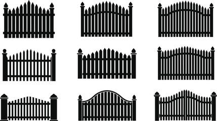 Fence silhouettes, decorative fence styles, vertical slats, pointed tops, curved shapes, grid layout, property boundary, landscaping design, vector illustration, black graphic