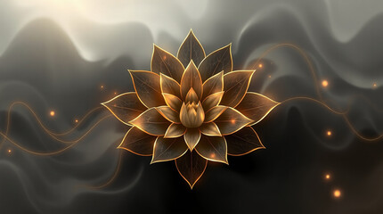 Digital artwork depicting abstract floral design, golden outlines on petals, soft gray and black background, light aura, mystical feeling, high-quality, opulent aesthetic.