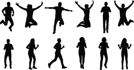 Human silhouette illustration, jumping walking running poses, black vector icons, dynamic movement, motion study, animation design, standing figures, active people